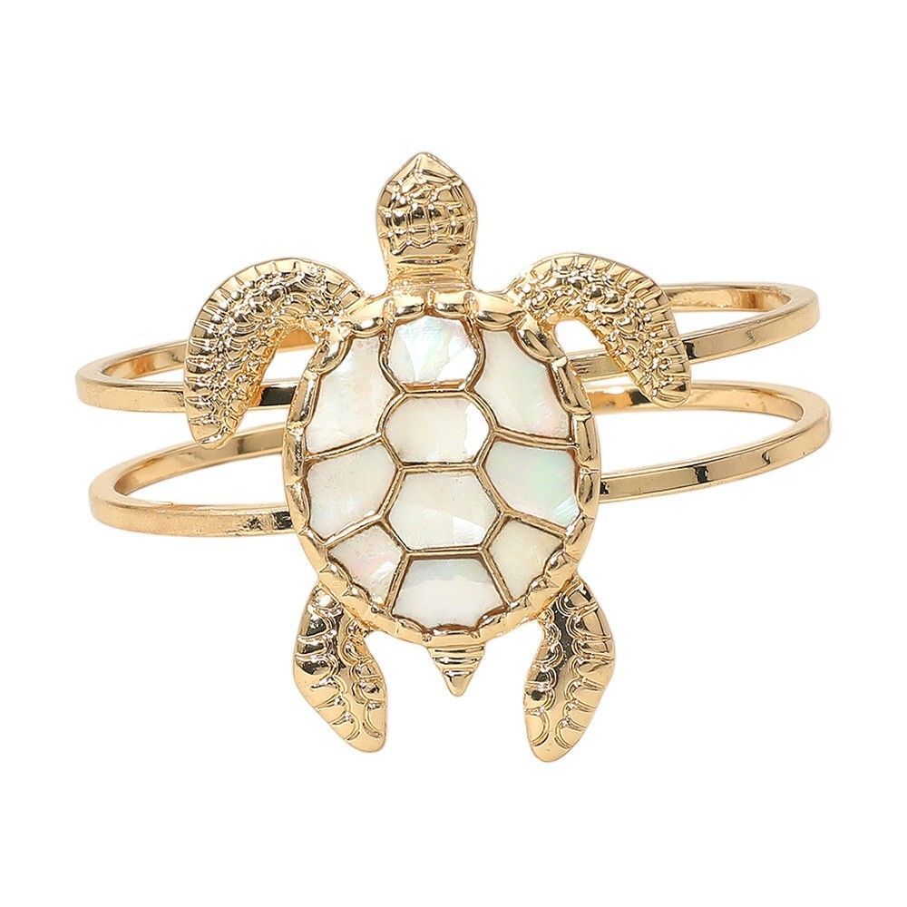 Intricate Mother of Pearl Turtle Hinged Bracelet Gold Tone  Fashion Jewelry